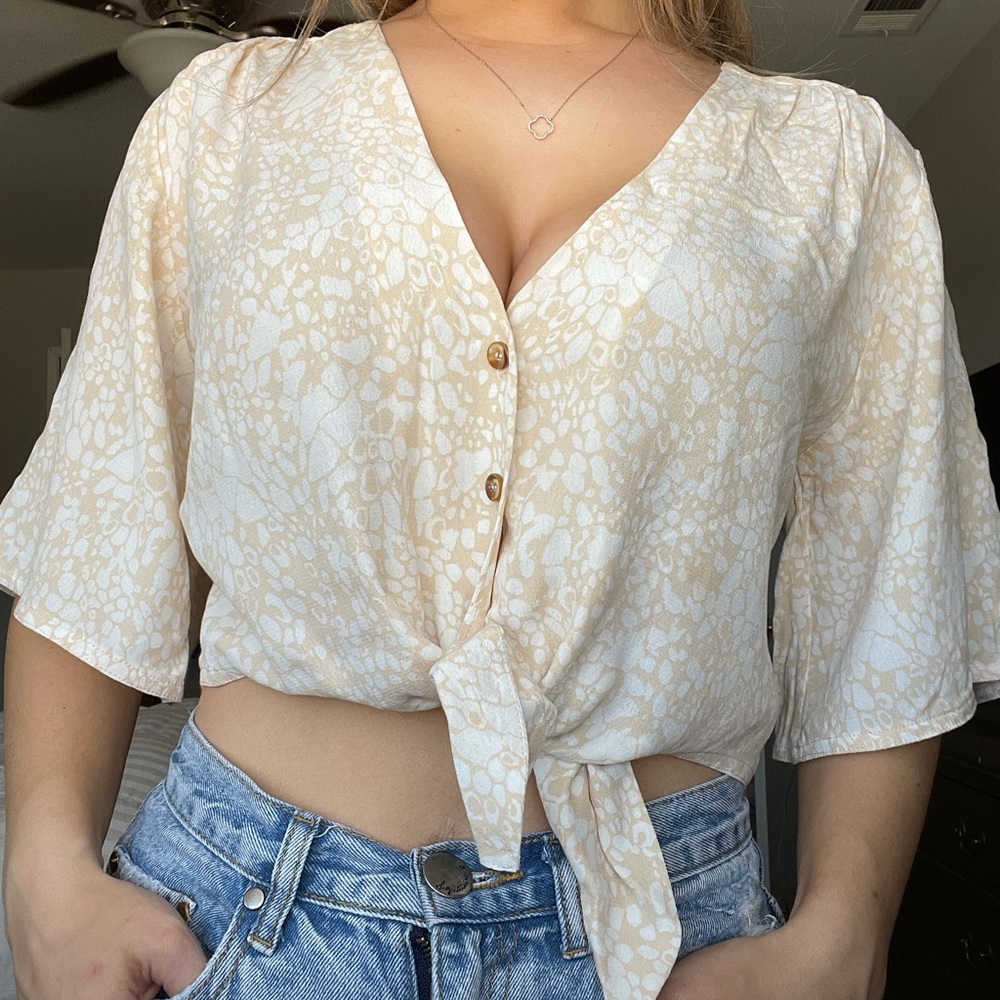Cream Print Tie Crop Top